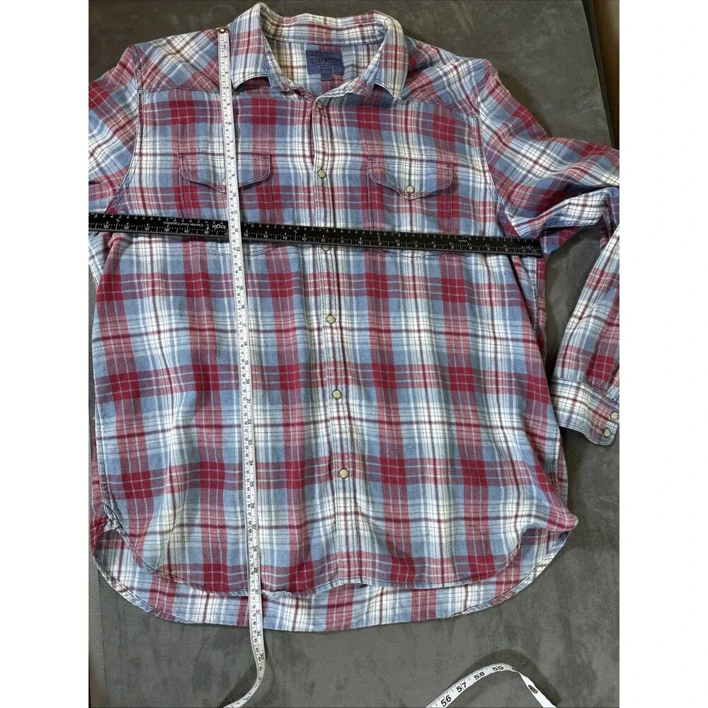 J Crew Men’s Flannel Snap Long Sleeve Short Blue Red White XXL Cotton Fortune